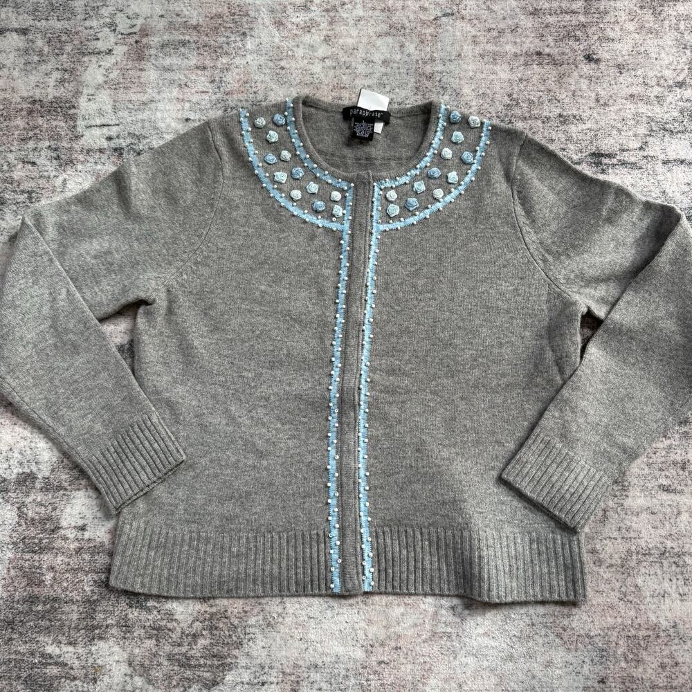 Paraphrase Sweater Cardigan LambsWool 3D Flowers Blue Gray Grandma Cottagecore